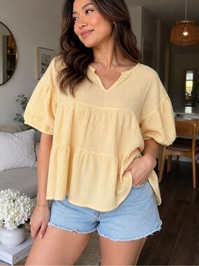 Casual Tiered Peasant Top in Soft Yellow